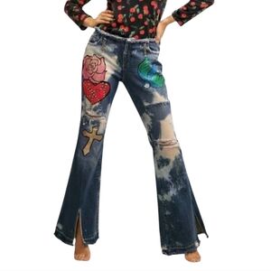 Upcycled Handpainted Flared Jeans Size Medium Roses Hearts Birds